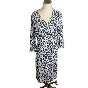 Liz Claiborne Women's Size L Blue White Print Long Sleeve Maxi Dress 3/4 Sleeve